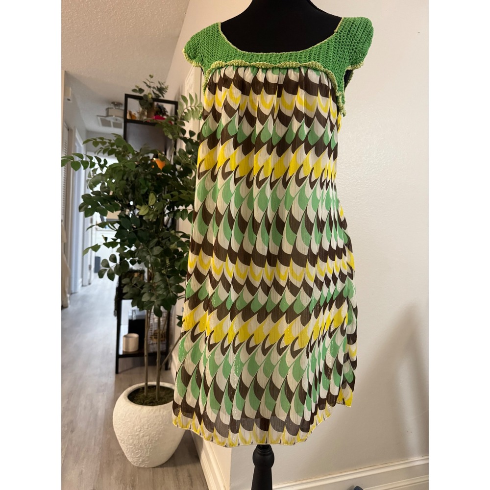 My Michelle Y2K  Green Crochet Yoke Geometric Print Metallic Stripe Mini Dress